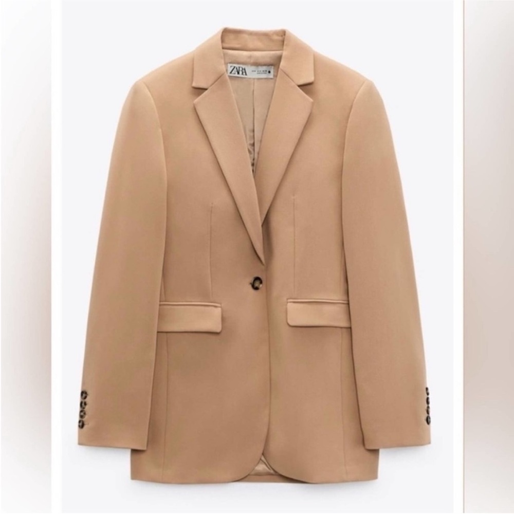 Zara Light Camel Viscose Blend Fitted Blazer with Pockets M Medium Tan